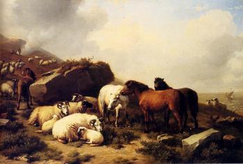 Eugene Joseph Verboeckhoven : Horses And Sheep By The Coast
